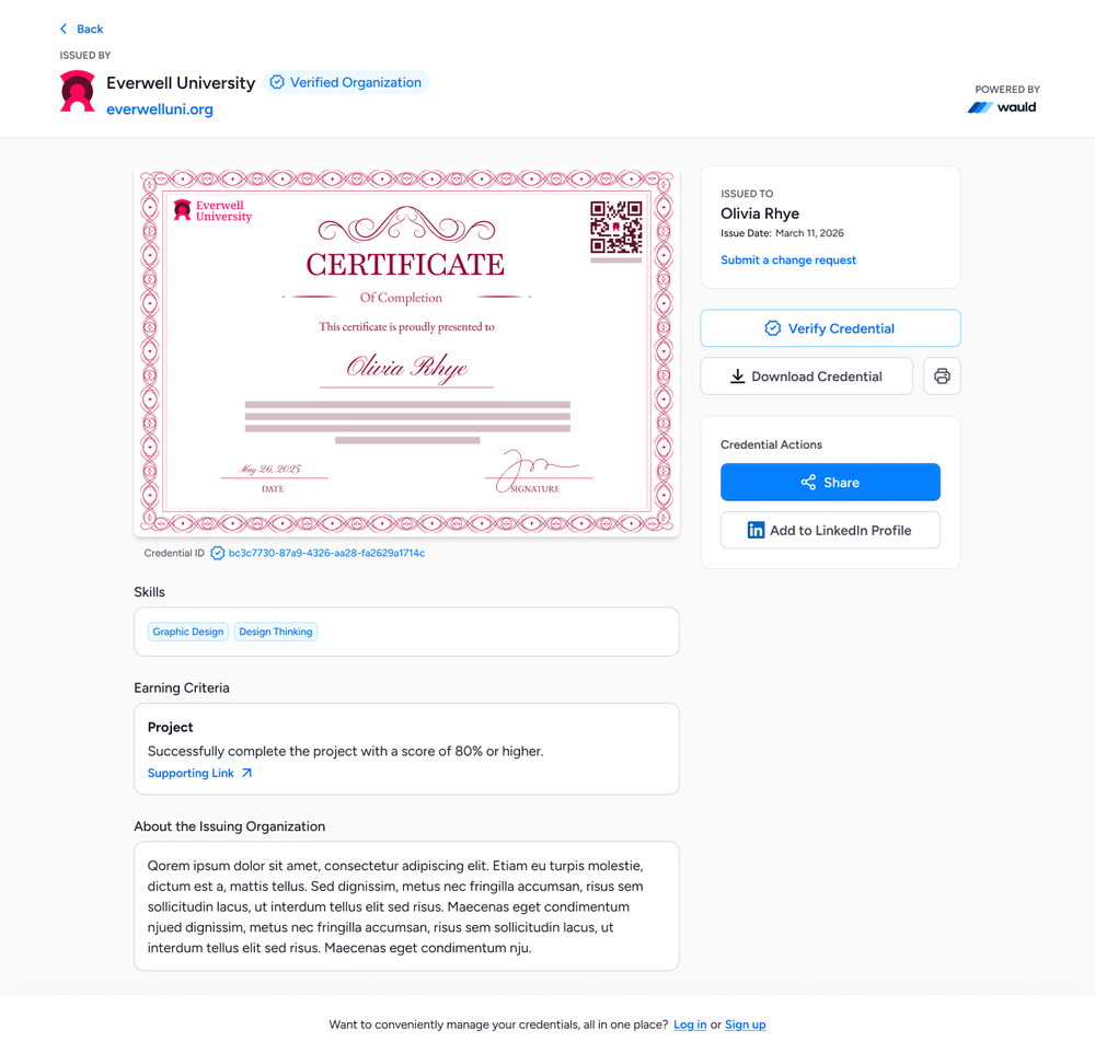 Recipient Portal: Learners can view and engage with their certificate or badges here