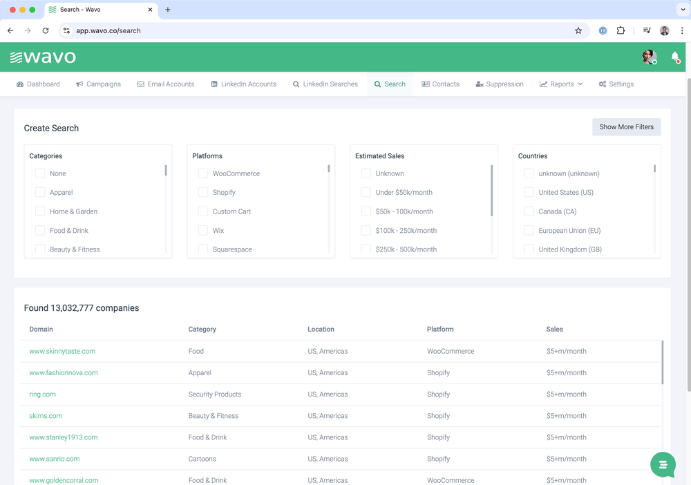 Discover untapped e-commerce opportunities using Wavo’s advanced contact search. Apply robust filters to navigate 13 million companies, accessing targeted prospects efficiently with comprehensive data at your fingertips.
