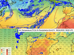 Meteomatics forecast of a heat wave over Spain on April 2023. The upper image shows a low-pressure system over the North Atlantic with including weather fronts. The lower image shows the temperature evolution on the Iberian Peninsula, where heat records are broken, which adds to the drought situation that already persists for months.