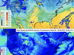 Meteomatics forecast of stormy weather in the USA on 19-21st of April 2023. The images show that a low-pressure system over the central US brings warm and moist air from the south to the north. Severe thunderstorms are possible along the boundary where the cold dry airmass and the moist warm airmass meet. The entire animation can be seen on Meteomatics LinkedIn: https://www.linkedin.com/feed/update/urn:li:activity:7054479103495684096