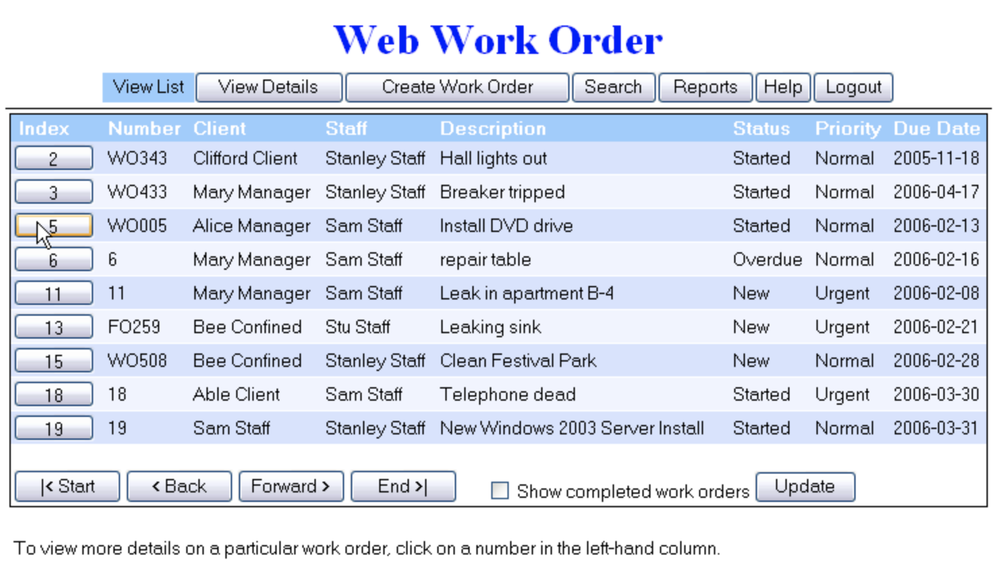 Web Work Order Screenshot 1