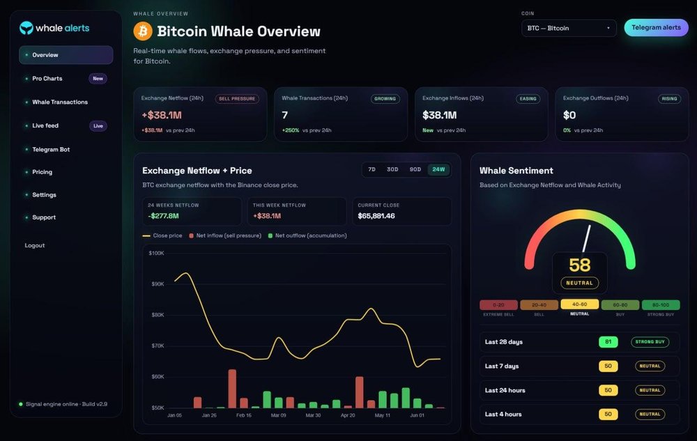 Bitcoin Whale Overview — real-time exchange flows, whale activity, and sentiment analysis powered by on-chain data.