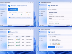 Overview — AI services summary  Services List — AI-related Windows services  Service Details — Description and status  Report — Export scan results