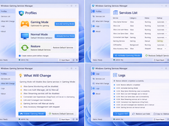 Profiles — Gaming and normal modes  Services List — Gaming-related services  What Will Change — Transparent service changes  Logs — Applied profile history