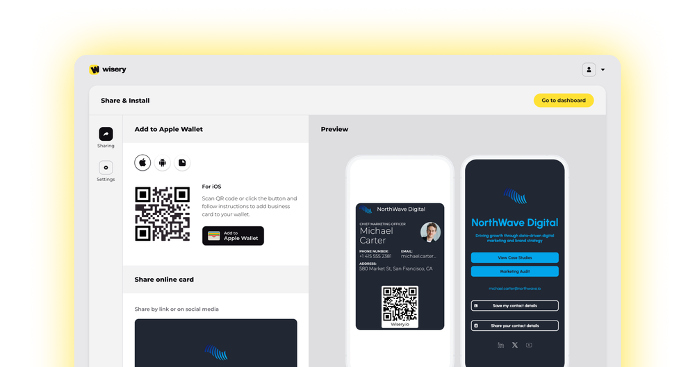 Share your card via QR code or link and let others save your contact