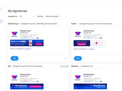 WiseStamp email signature interface showing employees signatures by groups