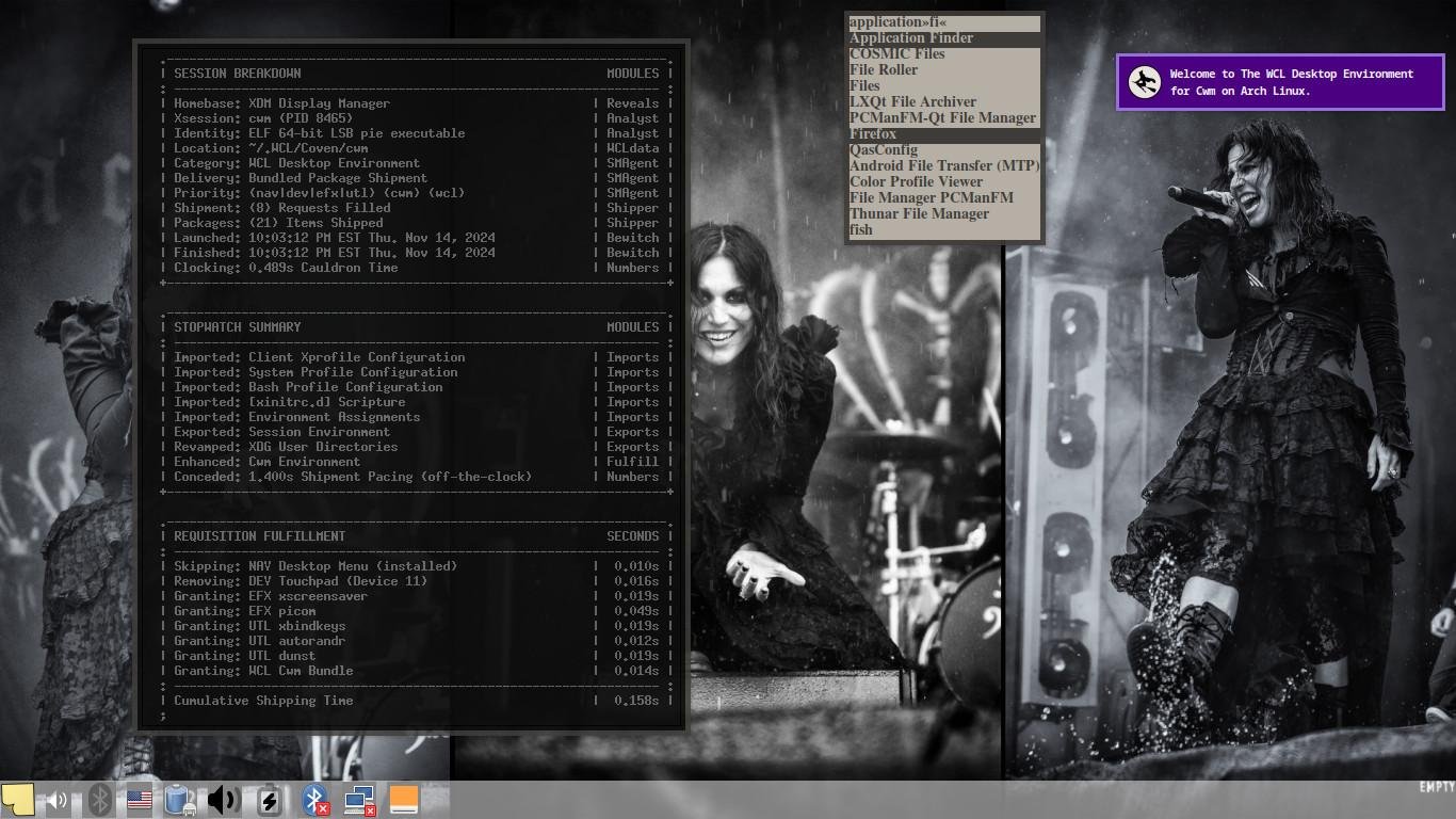 WCL Desktop Environment: Cwm w/trayer, dmenu-like app selection, processing manifest, and images from emptyspiral.net.