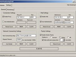 General Settings window - connectivity, mail, popup settings