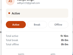 WorkWitness runs quietly on employee devices and provides complete transparency into tracking status. Employees can switch between Active, Break, and Offline modes, view their work summary, track active hours, and see exactly what data is being collected. No hidden monitoring, no invasive tracking.