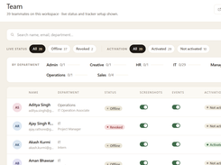 Get a real-time overview of your entire team from a single dashboard. View employee status, activation status, departments, screenshots, event tracking settings, and workspace activity. Quickly identify active, offline, or unactivated team members without digging through multiple reports.