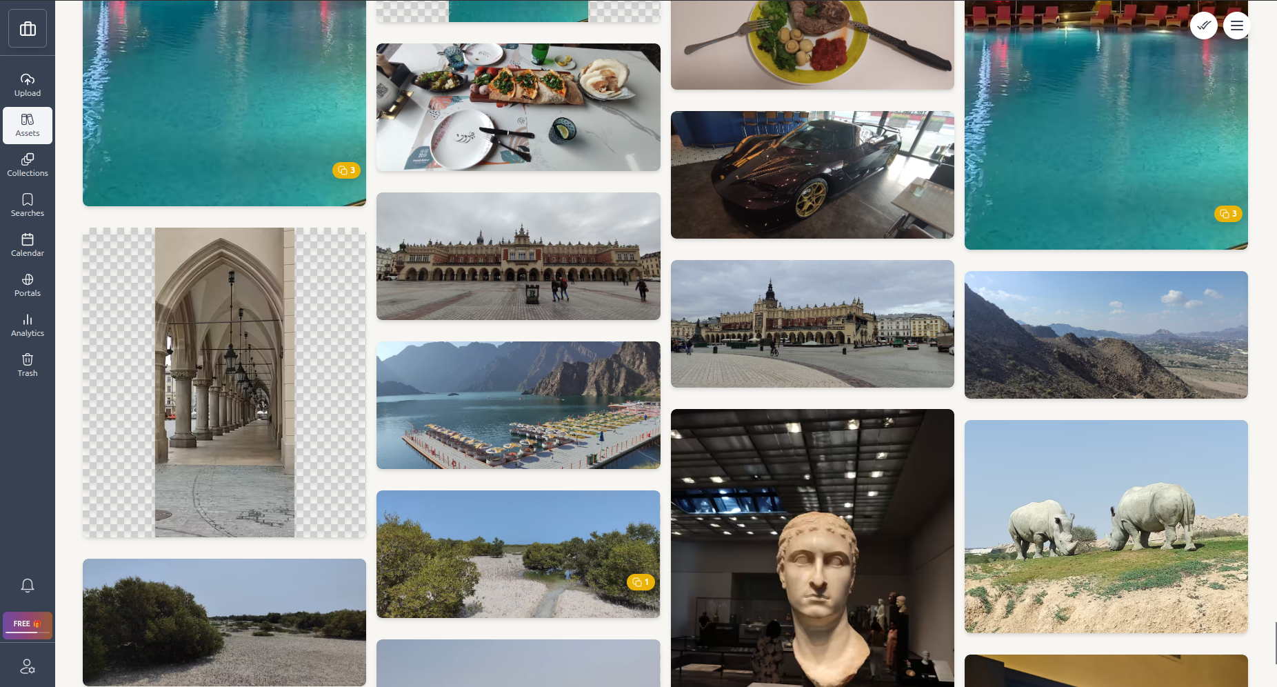 Masonry grid view with visual asset library, workspace navigation, and collaboration indicators.