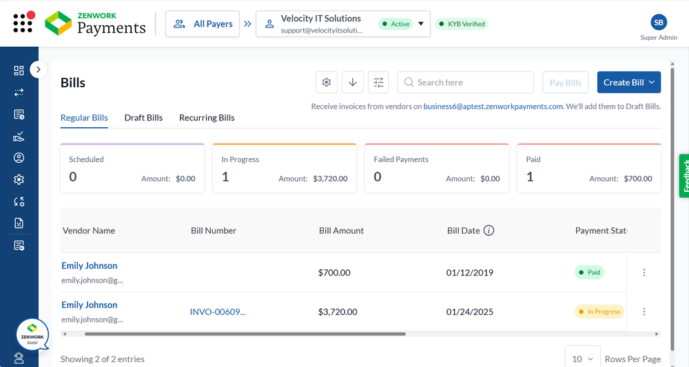Zenwork Payments Bills Dashboard