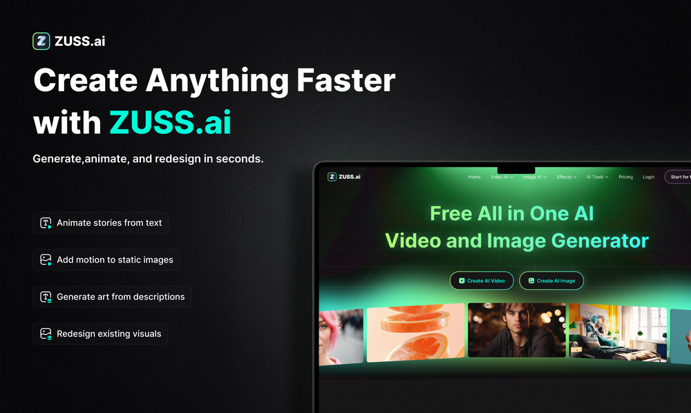 Zuss AI homepage for AI video and image creation